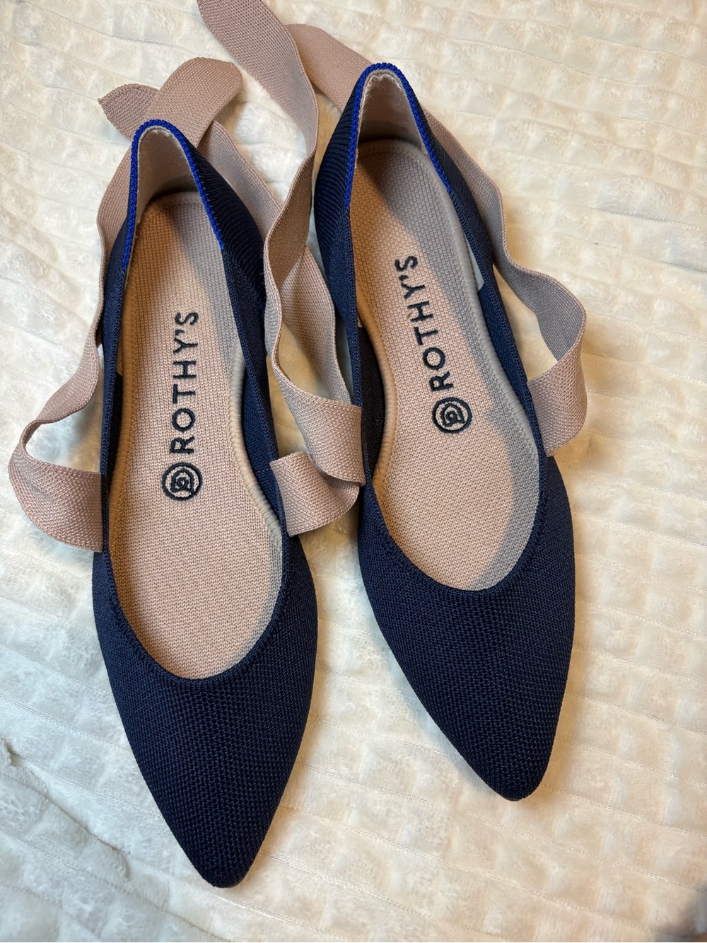 Rothy's Navy Pointed Knit Ballet Flats with Ribbon